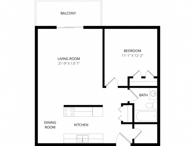 Floor plan for 1 bed, 1 bath, 615 sqft